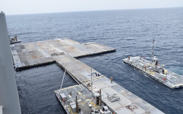 A maritime pier being built by the US military off the coast of the Gaza Strip, in an image released on April 29, 2024. (CENTCOM)