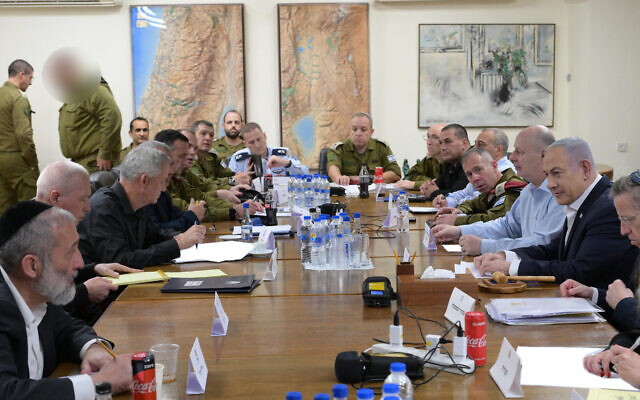 The Israeli war cabinet and top security officials meet in Tel Aviv on April 14, hours after Iran's missile and drone attack on Israel. (Amos Ben Gershom/ GPO)