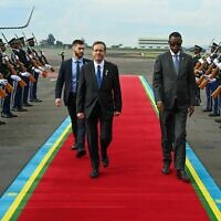 President Isaac Herzog arrives in Rwanda to attend ceremony marking 30 years since the Rwandan genocide, April 7, 2024. (Maayan Toaf/GPO)
