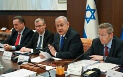 Prime Minister Benjamin Netanyahu, second right, leads a weekly cabinet meeting in Jerusalem on April 17, 2024. (Maayan Toaf / GPO)