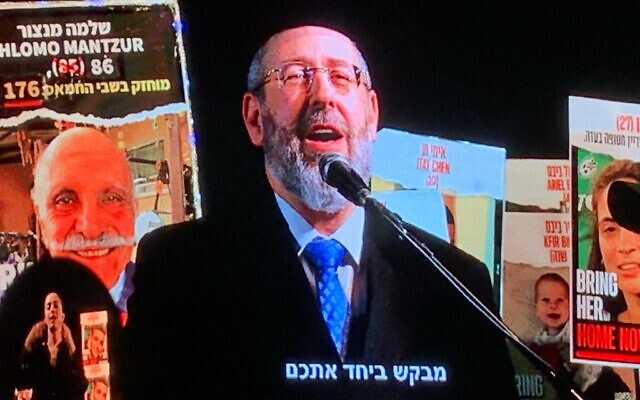 Ashkenazi Chief Rabbi David Lau speaks during Tel Aviv rally organized by the Hostages and Missing Families Forum, Tel Aviv, April 18, 2024. (Charlie Summers/Times of Israel)