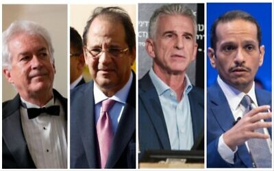 File - CIA chief William Burns, Egyptian intel chief Abbas Kamel, Mossad chief David Barnea and Qatari Prime Minister Mohammed bin Abdulrahman Al-Thani. (Collage/AP/AFP)