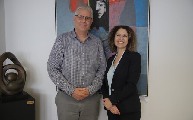 Incoming rector of University of Haifa, Prof. Mouna Maroun, right, with incoming President Prof. Gur Alorey, in a picture released on April 17, 2023. (courtesy)