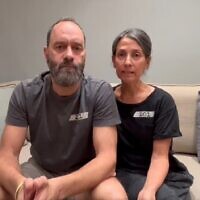Rachel Goldberg-Polin and Jon Polin, parents of hostage Hersh Goldberg-Polin, issue a video statement pleading for a hostage deal and urging him to stay strong and survive, April 24, 2024. (Courtesy)