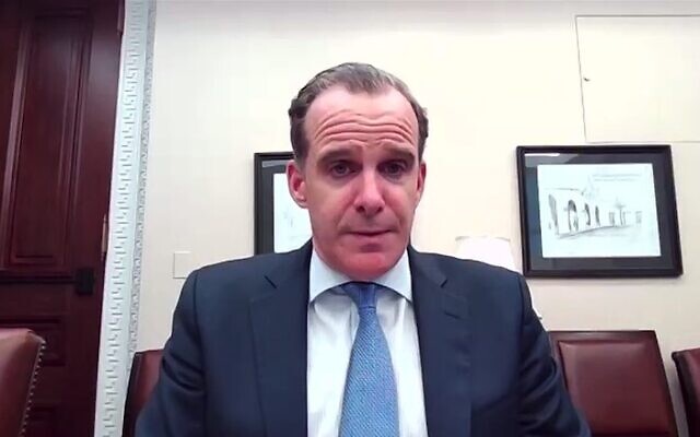 White House Mideast czar Brett McGurk holds a virtual briefing with American Jewish community leaders on April 19, 2024. (Screen capture/Zoom)