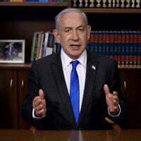 Prime Minister Benjamin Netanyahu delivers a video address regarding reports that the ICC may issue arrest warrants against Israeli officials, April 30, 2024. (Screenshot/GPO)