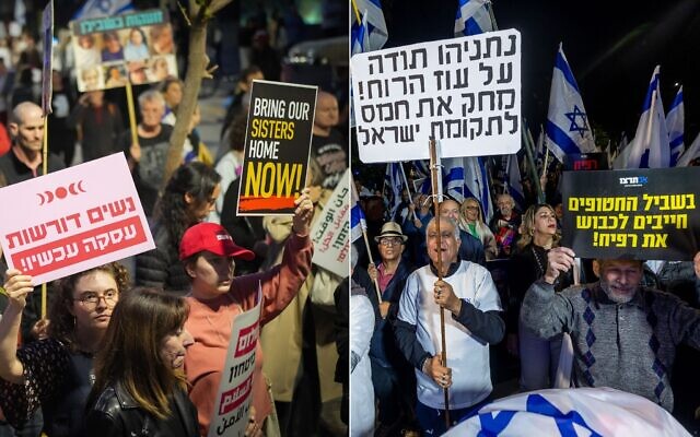 Left: Protesters in Tel Aviv call for the government to agree to a hostage deal on April 11, 2024. (Erik Marmor/Flash90) Right: Protesters in Jerusalem call for the government to begin operating in the southernmost Gaza city of Rafah, April 11, 2024. (Yonatan Sindel/Flash90)
