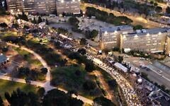 Protesters crowd the streets around the Knesset in Jerusalem on the second evening of a four-day anti-government protest event, April 1, 2024. (Courtesy, Pro-Democracy Protest Movement)