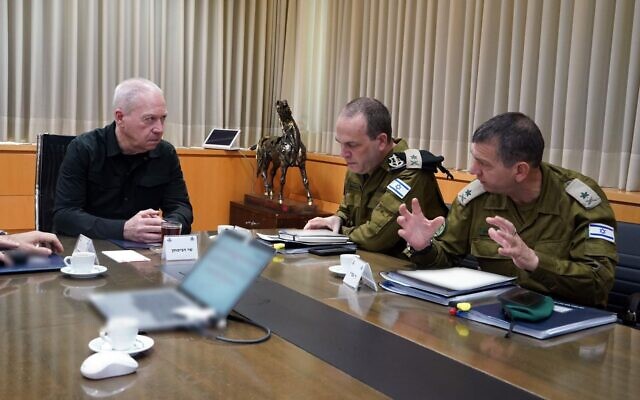 Pic: Defense Minister Yoav Gallant (left) meets with the chief of the IDF's Operations Directorate, Maj. Gen. Oded Basiuk (center), and the chief of the Military Intelligence Directorate, Maj. Gen. Aharon Haliva, at his office in Tel Aviv, April 7, 2024. (Ariel Hermoni/Defense Ministry)