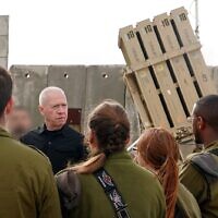 Defense Minister Yoav Gallant speaks to troops at an Iron Dome battery in northern Israel, April 10, 2024. (Ariel Hermoni/Defense Ministry)