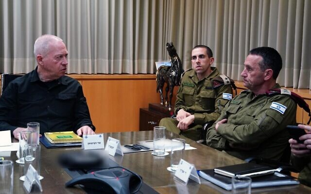 Defense Minister Yoav Gallant holds an assessment with IDF Chief of Staff Lt. Gen. Herzi Halevi and other defense officials on April 13, 2024. (Ariel Hermoni/Defense Ministry)