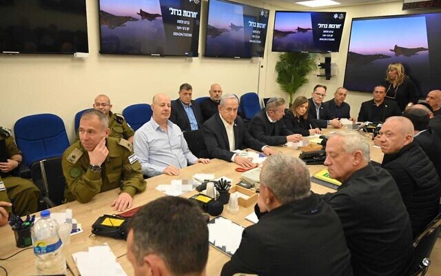 Prime Minister Benjamin Netanyahu convenes a meeting of the war cabinet in Tel Aviv, early morning on April 14, 2024. (Courtesy)