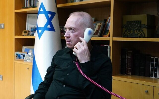 Defense Minister Yoav Gallant speaks to US Defense Secretary Lloyd Austin on April 14, 2024. (Ariel Hermoni/Defense Ministry)