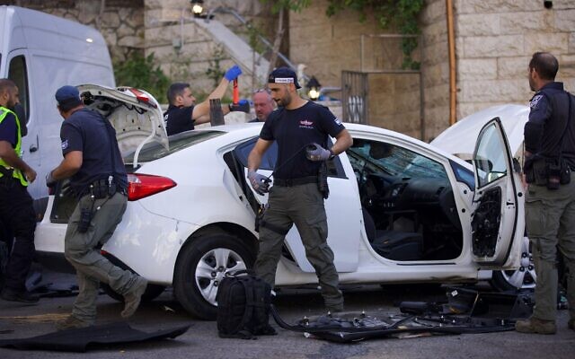 Police at the scene of a car-ramming attack in Jerusalem, April 22, 2024. (Israel Police)