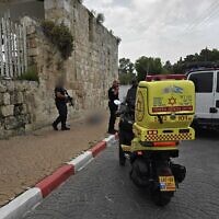 Security officials and medics at the scene of a suspected terror stabbing in Ramle on April 26, 2024. (Magen David Adom)