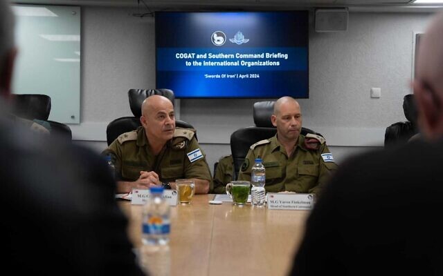 Chief of the IDF Southern Command, Maj. Gen. Yaron Finkelman (right), and the head of COGAT, Maj. Gen. Ghassan Alian, meet with representatives of humanitarian aid organizations at the Southern Command HQ in Beersheba, April 10, 2024. (Israel Defense Forces)
