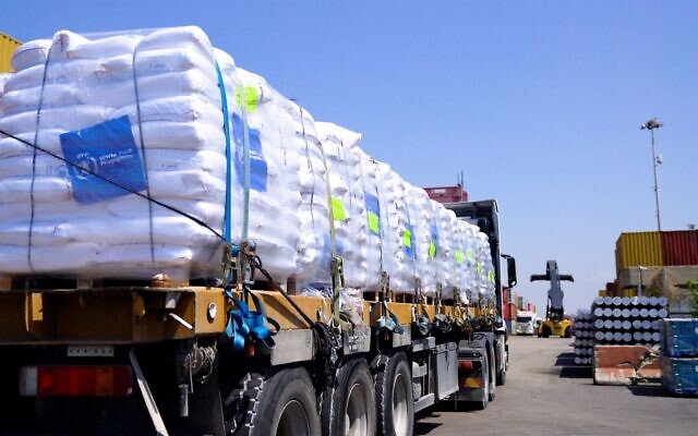 A truck of WFP flour is seen at Ashdod Port, before entering the Gaza Strip on April 17, 2024. (Israel Defense Forces)