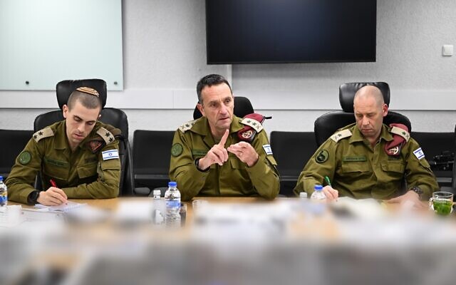 IDF Chief of Staff Lt. Gen. Herzi Halevi (center) attends a meeting at the IDF's Southern Command Headquarters in Beersheba, April 21, 2024. (Israel Defense Forces)