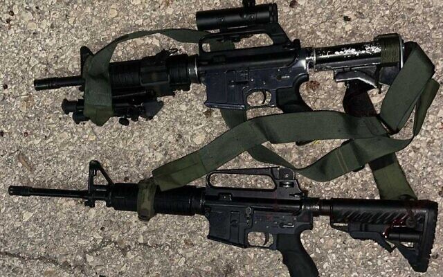 Weapons the military says were seized from two Palestinian gunmen who opened fire at a West Bank checkpoint, April 27, 2024 (Israel Defense Forces)