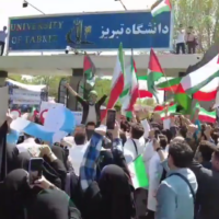 Iranian students rally against the crackdown on anti-Israel protests on college campuses in the US at the University of Tabriz, Iran, April 28, 2024. (Twitter screenshot; used in accordance with Clause 27a of the Copyright Law)
