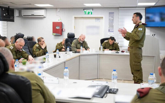 IDF Chief of Staff Lt. Gen. Herzi Halevi meets with officers at the Southern Command HQ in Beersheba, April 28, 2024. (Israel Defense Forces)