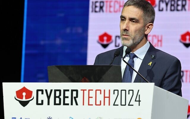 Gaby Portnoy, director general of the Israel National Cyber Directorate, speaks at the Cybertech 2024 conference in Tel Aviv, April 9, 2024. (Cybertech)