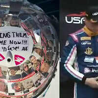 A screenshot of Israeli race car driver Ariel Elkin's helmet, which was covered in photos of hostages held by terror groups in Gaza since October 7, at the Formula 4 championships in New Orleans, April 7, 2024. (Screenshot, used in accordance with Clause 27a of the Copyright Law)