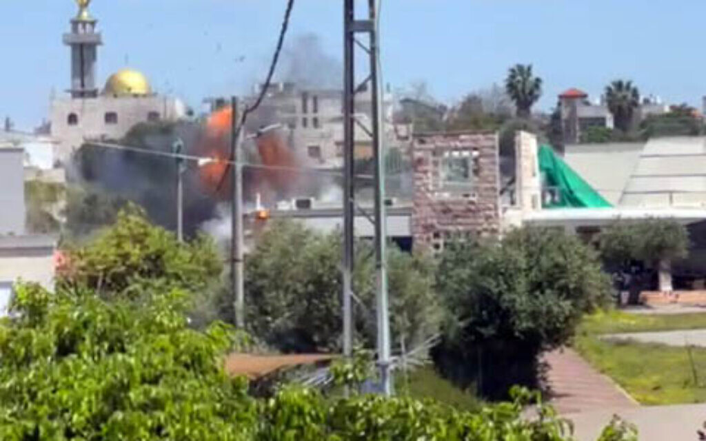 A projectile fired from Lebanon hits a a community center in the northern border community of Arab al-Aramshe on April 17, 2023 (Screen capture X: used in accordance with Clause 27a of the Copyright Law)