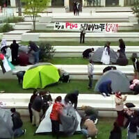 Protesters set up an anti-Israel encampment at Sciences Po University, Paris, France, April 25, 2024. (X video screenshot: used in accordance with Clause 27a of the Copyright Law)