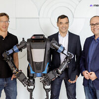 Founders of Israeli startup Mentee Robotics (from left to right) Prof. Shai Shalev-Shwartz, Prof. Amnon Shashua, and Prof. Lior Wolf with prototype AI humanoid robot. (Courtesy)