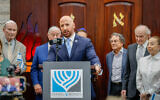 Joseph Abruzzo, clerk of the circuit court and comptroller for Palm Beach County, announces a record $135 million purchase of Israel Bonds at Congregation Torah Ohr in Boca Raton, Florida, Oct. 31, 2023. (Courtesy of Abruzzo’s office)