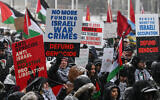 Anti-Israel protesters rally in Edmonton, Canada, Feb, 25, 2024, (Artur Widak/NurPhoto via Getty Images, via JTA)