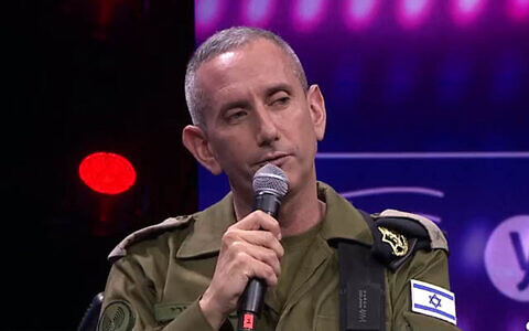 Screen capture from video of IDF Spokesman Rear Admiral Daniel Hagari at a conference hosted by the Yedioth Ahronoth newspaper in Tel Aviv, May 8, 2024. (Ynet. Used in accordance with Clause 27a of the Copyright Law)