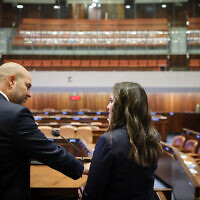 Knesset Speaker Amir Ohana and New York Congresswoman Elise Stefanik in the Knesset on May 19, 2024. (Noam Moskowitz, Office of the Knesset Spokesperson)