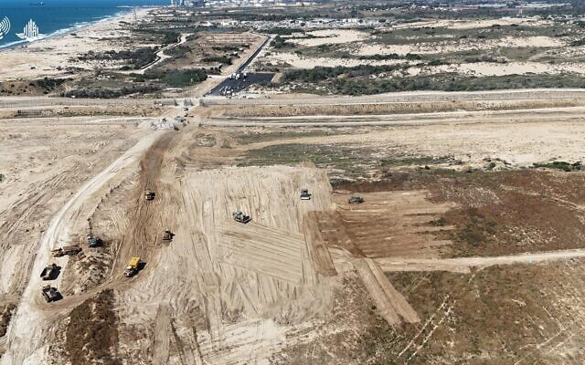 An aerial view of the new crossing with the northern Gaza Strip, near Kibbutz Zikim, May 12, 2024. (Israel Defense Forces)