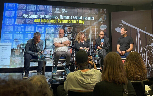 Hostage father Malki Shem-Tov (left), released hostages Luis Har, Merav Tal, and Chen Goldstein-Almog and hostage brother Moshe Or at a Government Press Office panel on May 6, 2024 (Jessica Steinberg/Times of Israel)