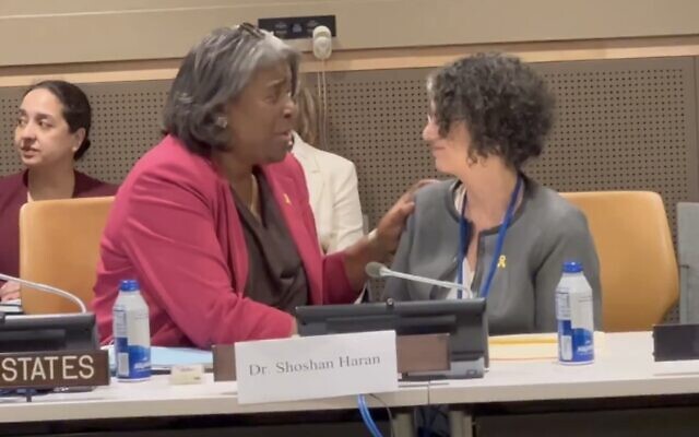 US Ambassador Linda Thomas-Greenfield speaks with freed hostage Shoshan Haran during a Security Council meeting on the Hamas terror group's taking of hostages during the Oct. 7 attack, May 16, 2024. (Twitter screenshot; used in accordance with Clause 27a of the Copyright Law)