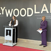 Curator Dara Jaffe, left, and Academy Museum President Jacqueline Stewart at a press viewing of the new 'Hollywoodland' exhibit, May 16, 2024. (Jacob Gurvis/ JTA)