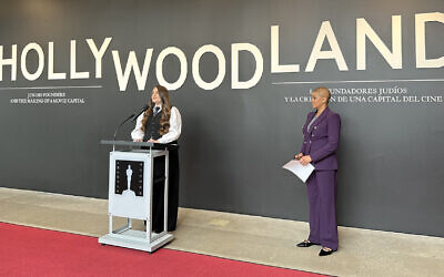 Curator Dara Jaffe, left, and Academy Museum President Jacqueline Stewart at a press viewing of the new 'Hollywoodland' exhibit, May 16, 2024. (Jacob Gurvis/ JTA)