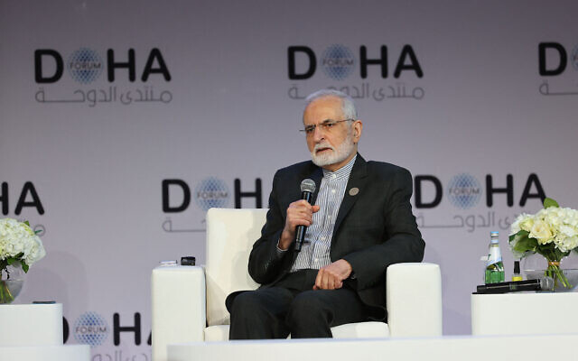 Iran's former foreign affairs minister Sayyid Kamal Kharrazi takes part in a panel during the Doha Forum in Qatar's capital, on March 27, 2022. (KARIM JAAFAR / AFP)