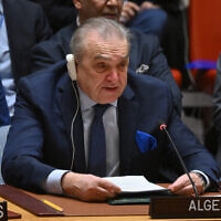 Algeria's ambassador to the United Nations, Amar Bendjama speaks during a Security Council meeting at UN headquarters in New York on March 25, 2024. (Angela Weiss/AFP)