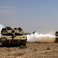 Israeli tanks near the border with the Gaza Strip on May 2, 2024. (Menahem Kahana/AFP)