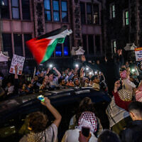 Anti-Israel protesters chant outside The City College Of New York (CUNY) one day after the NYPD cracked down on protest camps at both Columbia University and CUNY on May 1, 2024 in New York City. (Alex Kent/Getty Images/AFP)