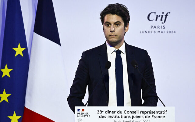 France's Prime Minister Gabriel Attal delivers a speech during the annual dinner of the Representative Council of Jewish Institutions of France (CRIF) at the Louvre Carrousel in Paris on May 6, 2024. (Julien De Rosa/AFP)
