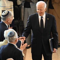 US President Joe Biden arrives to speak at the annual Days of Remembrance ceremony for Holocaust survivors at the US Capitol in Washington, DC, on May 7, 2024. (Saul Loeb/AFP)