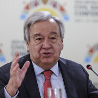 United Nations Secretary-General Antonio Guterres gives a press conference on the sidelines of the 2024 United Nations Civil Society Conference at the UN Headquarters in Nairobi on May 10, 2024. (Tony KARUMBA / AFP)