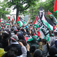 Pro-Palestinian and anti-Israel activists take part in a protest to mark the 76th anniversary of the Nakba in the Queens borough of New York on May 15, 2024. (Leonardo Munoz / Leonardo Munoz / AFP)