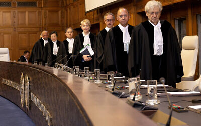 Court president Joan Donoghue (C) and associate judges arrive to hear South African arguments to the International Court of Justice (ICJ) over Israel's Rafah offensive at The Hague, on May 16, 2024. (Nick Gammon/AFP)
