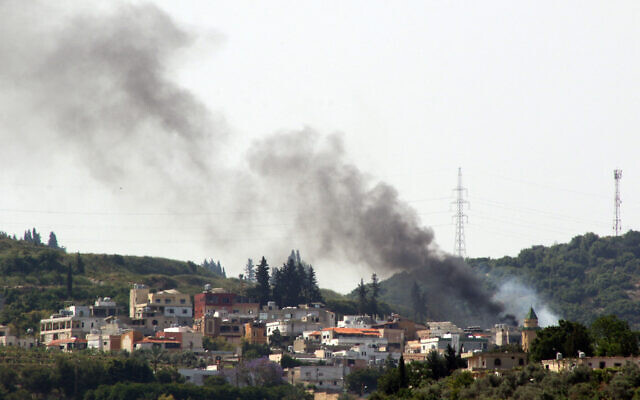 Smoke billows during Israeli bombing over the Lebanese village of Najjariyeh on May 17, 2024. (Mahmoud Zayyat/AFP)