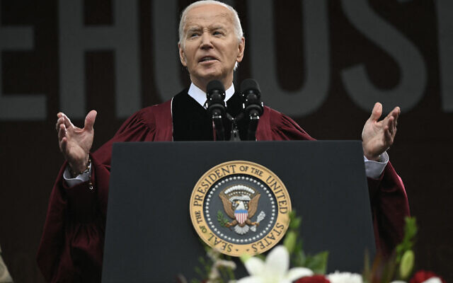 US President Joe Biden delivers a commencement address during Morehouse College's graduation ceremony in Atlanta, Georgia on May 19, 2024. (Photo by Andrew Caballero-Reynolds/AFP)